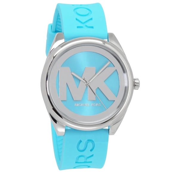 Michael Kors Janelle Watch Silver MK Logo Dial Aqua Blue Sili… NIB - Picture 1 of 13